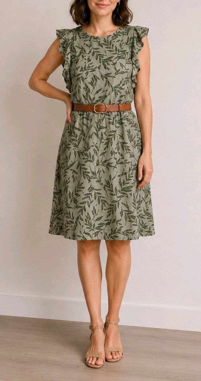 Sage Green Botanical Cottagecore Ruffle Sleeve Knee Length Dress XL